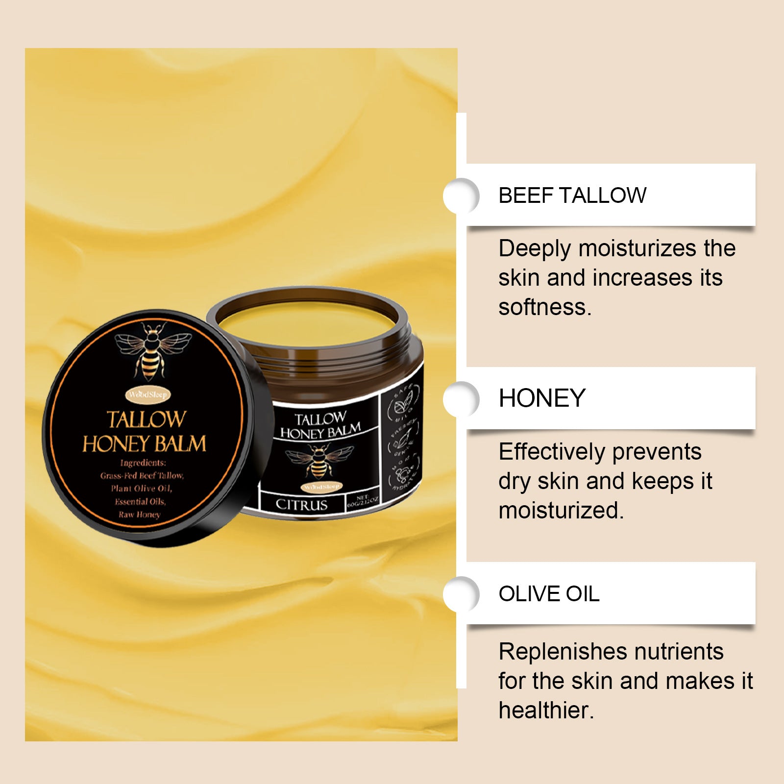 Tallow Honey Facial Balm Reduce Redness Repair Soothing Nourishing Moisturizer Improve Dryness Rough Oil Control Beauty Products