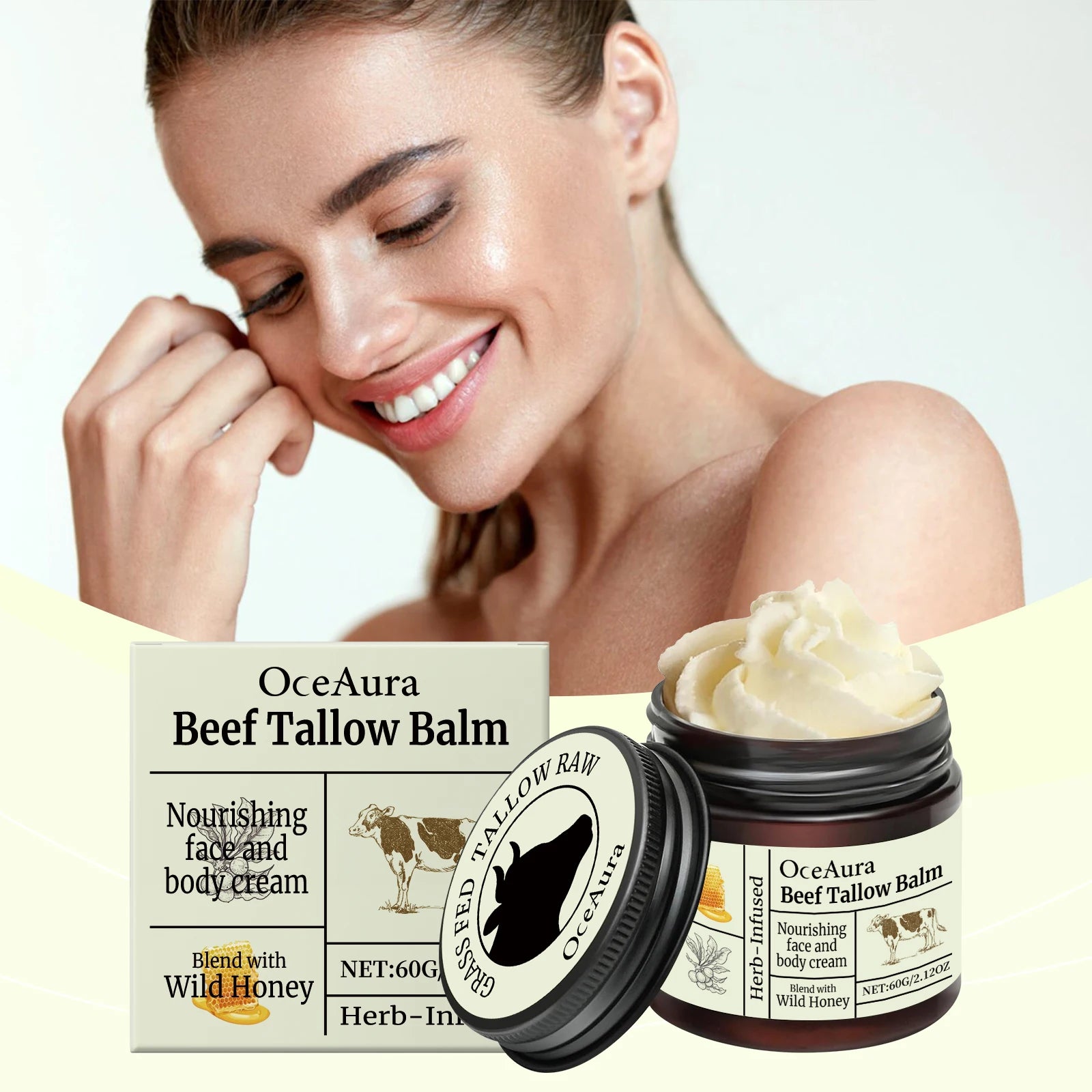 Beef Tallow Nourishing Balm Deep Hydration Smoothing Firming Fade Fine Lines Skin Repair Rejuvenation Brighten Skin Care Product