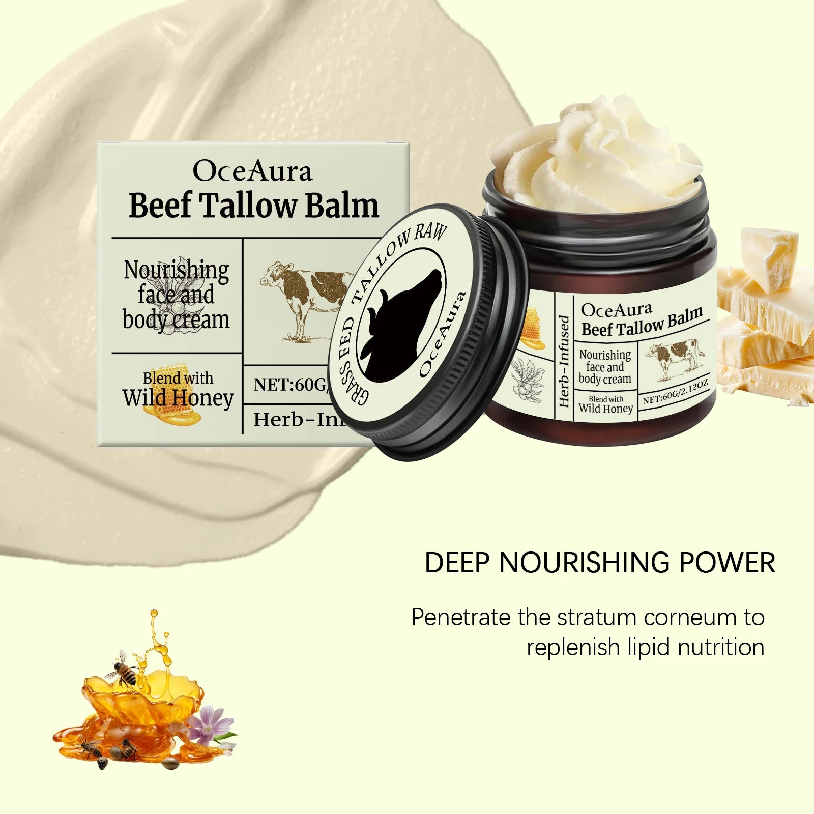 Beef Tallow Nourishing Balm Deep Hydration Smoothing Firming Fade Fine Lines Skin Repair Rejuvenation Brighten Skin Care Product
