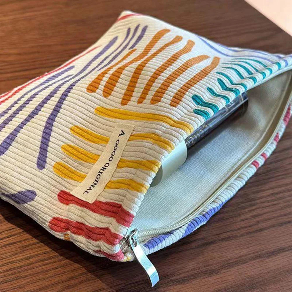 Colorful Stripes Corduroy Cosmetic Bag Portable Travel Toiletry Bag Skincare Sundries Aesthetic Makeup Storage Bag-zmt