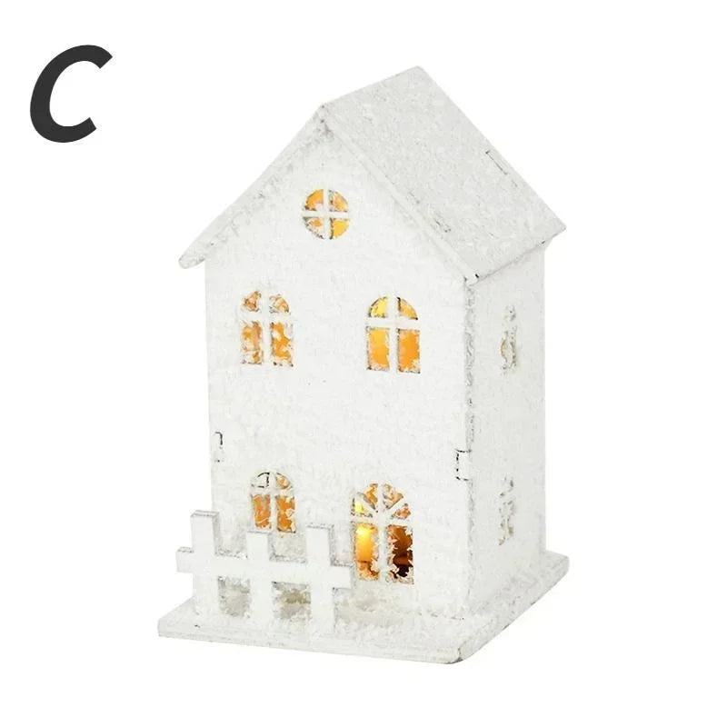 Xmas Ornament Christmas Led Light Wooden House with Snowflake Luminous Cabin Christmas Decorations