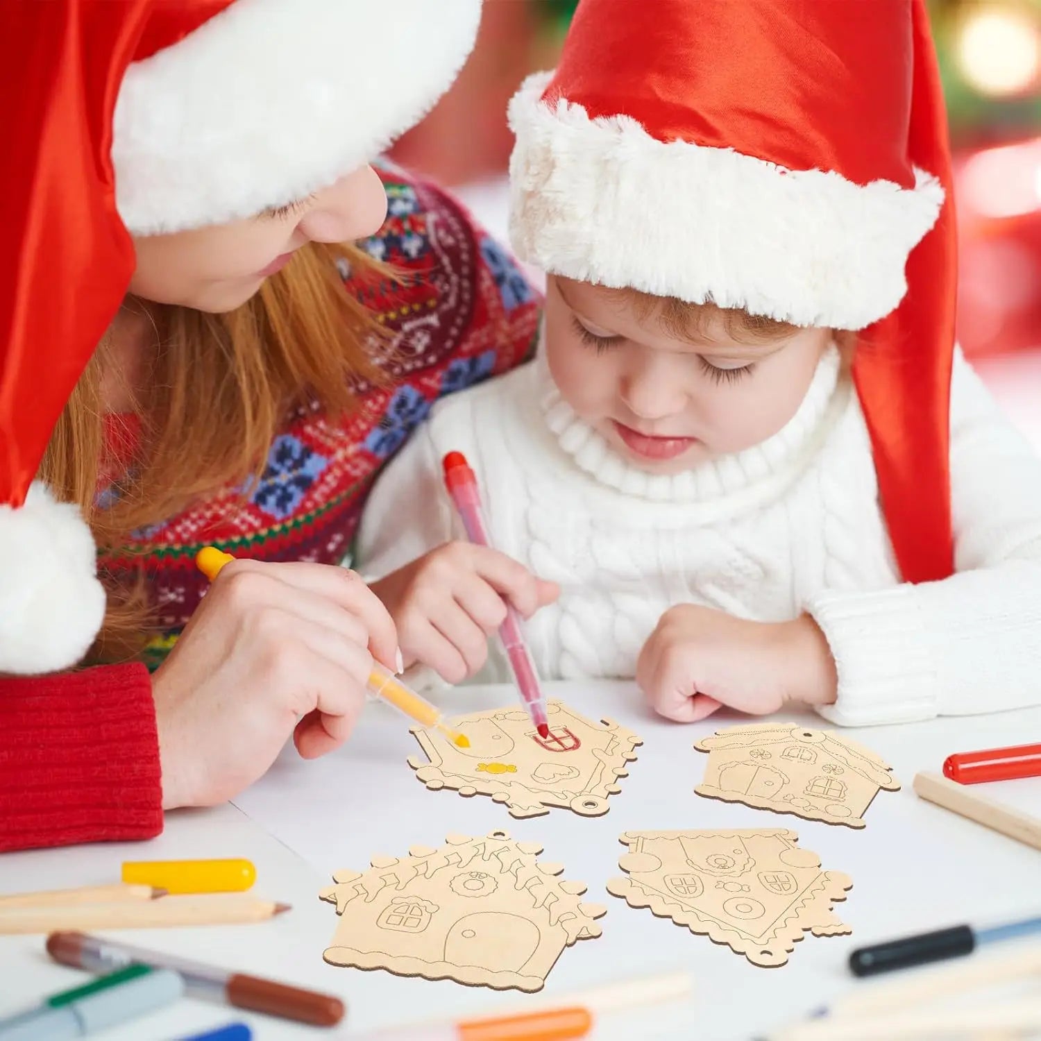 6Sets Wooden Christmas Ornaments Unfinished Wood Crafts Painting DIY Paintable Christmas Cutouts Slices for Craft with Ropes