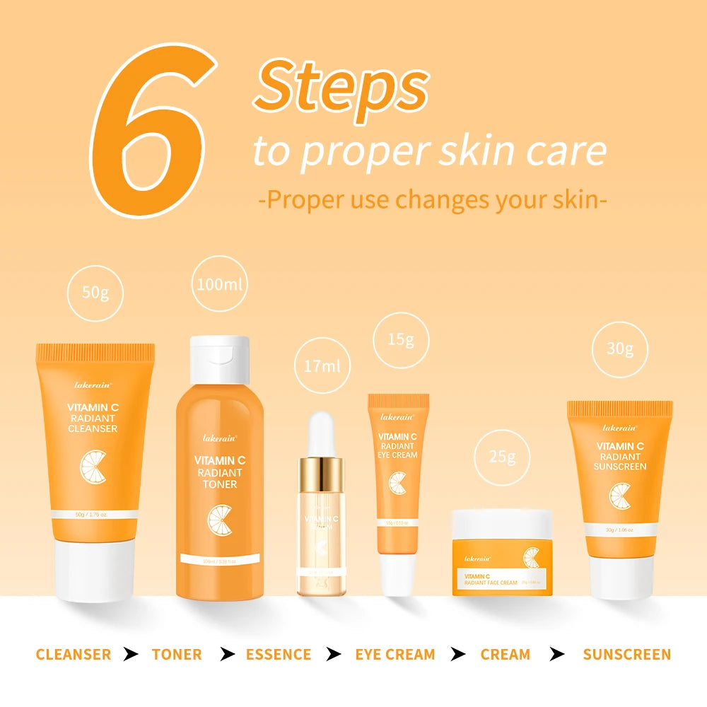 Vitamin C Skincare Set, 6-piece Set, Including Toner, Serum, Eye Cream, Face Cream, Sunscreen, Cleanser, Deep Moisturizing Skin