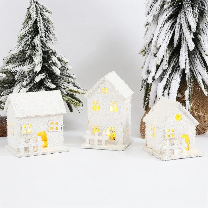 Xmas Ornament Christmas Led Light Wooden House with Snowflake Luminous Cabin Christmas Decorations