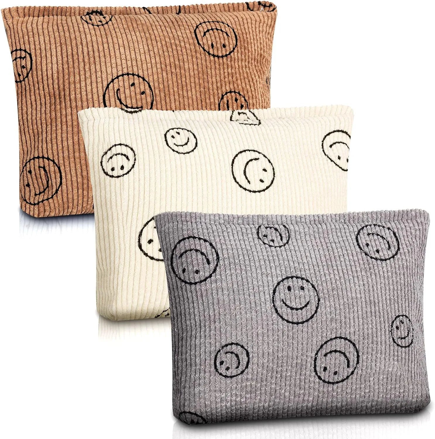 Makeup Bag For Women - Corduroy Cosmetic Bags Aesthetic Design Ladies Tote Bag, Cute Smiley Face Makeup Organizer with Zipper