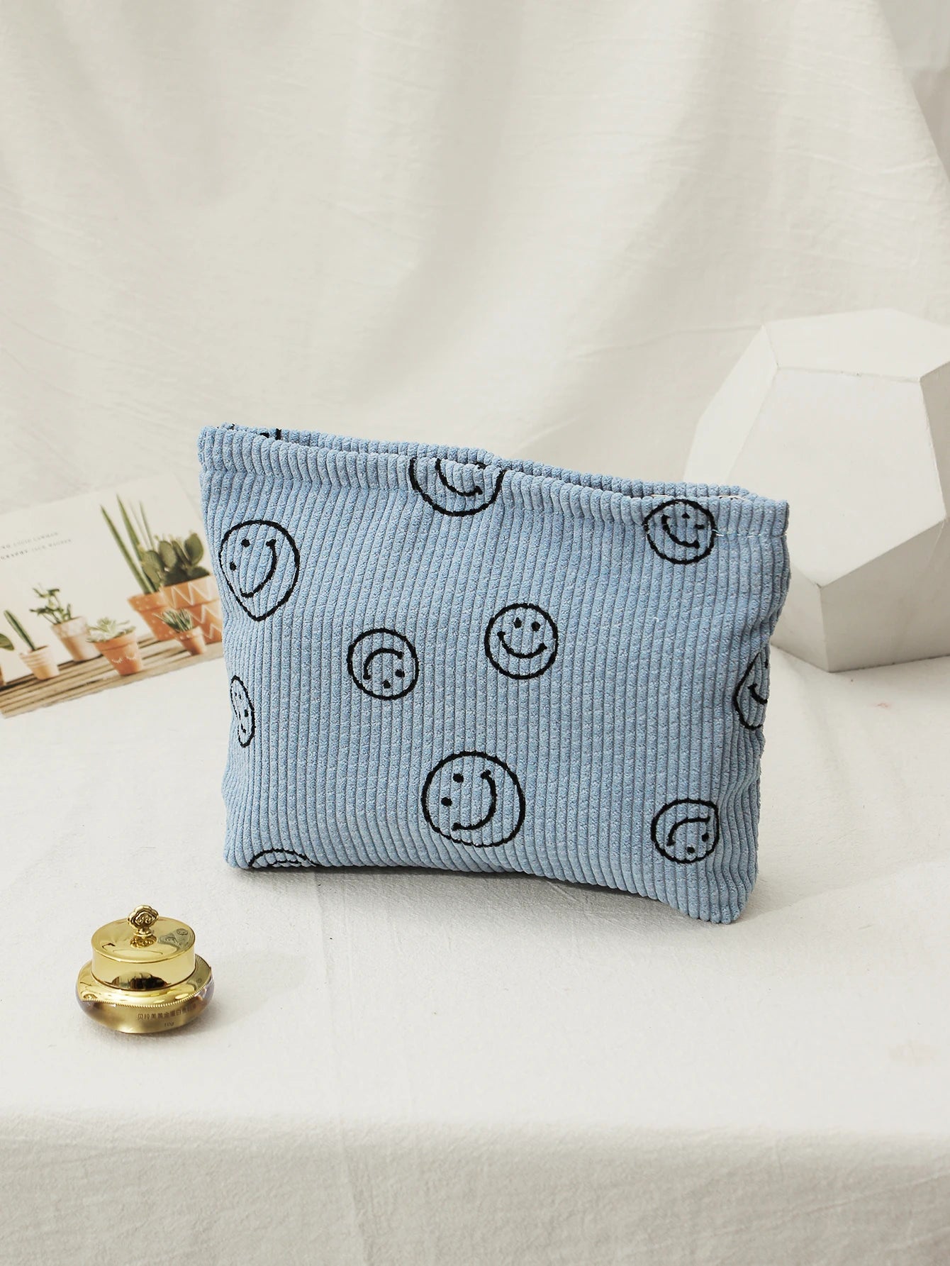 Makeup Bag For Women - Corduroy Cosmetic Bags Aesthetic Design Ladies Tote Bag, Cute Smiley Face Makeup Organizer with Zipper