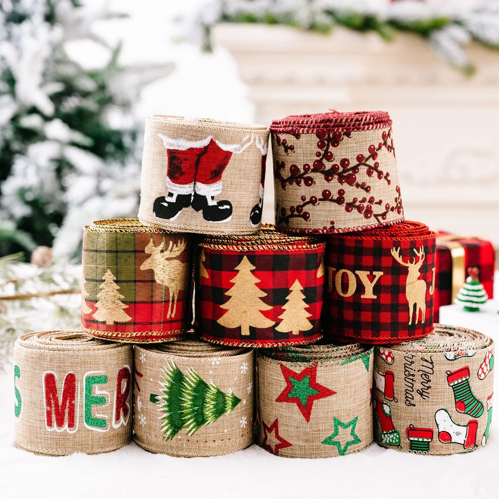 Christmas Fabric Ribbon Burlap Ribbon Christmas Tree Decor Ribbon Diy Wreath Bows Crafts Gift Wrapping Ribbon New Year Supplies
