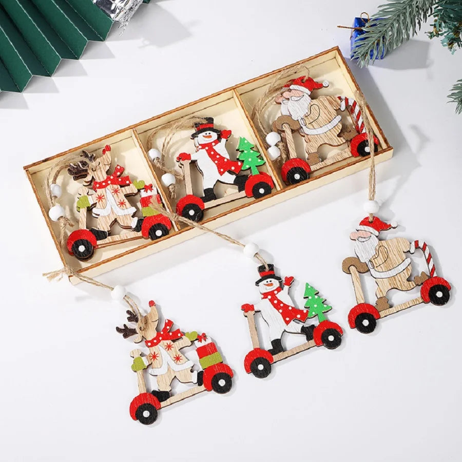 Christmas Wooden Pendants Xmas Tree Ornaments Santa Claus Elk Snowman Small Train Hanging Christmas Party Decor Party Supplies