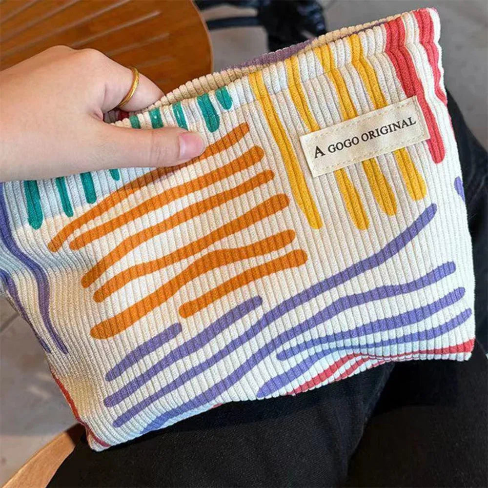 Colorful Stripes Corduroy Cosmetic Bag Portable Travel Toiletry Bag Skincare Sundries Aesthetic Makeup Storage Bag-zmt