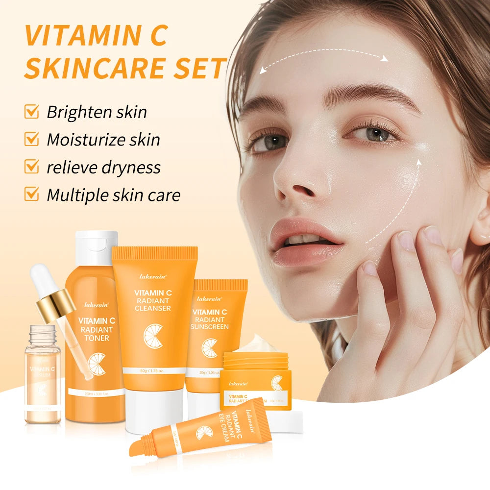 Vitamin C Skincare Set, 6-piece Set, Including Toner, Serum, Eye Cream, Face Cream, Sunscreen, Cleanser, Deep Moisturizing Skin