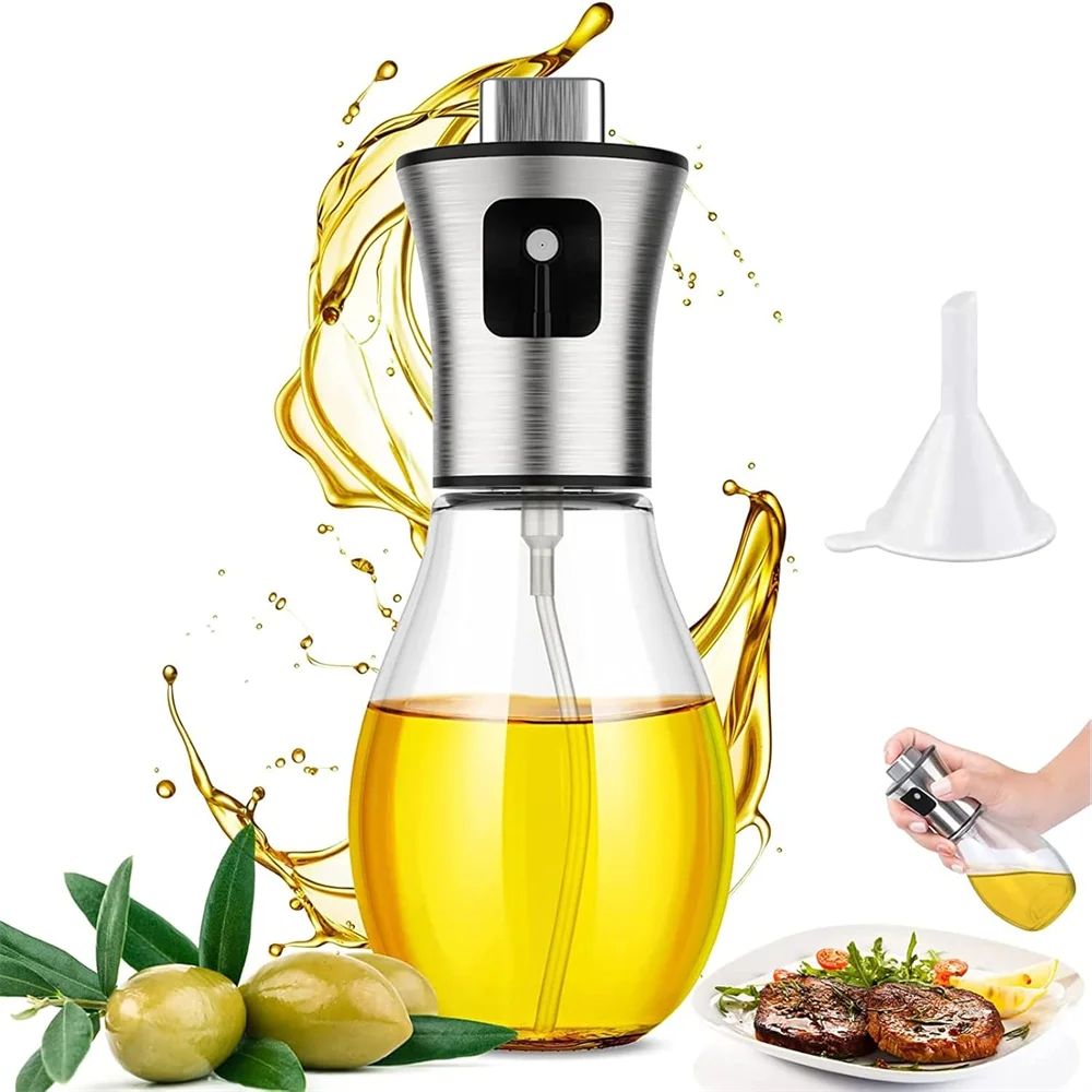 Oil Sprayer, Extremely Precise Oil Spray Bottle with funnel,Made of Stainless Steel and Glass, 200ML Oil Sprayer for Cooking