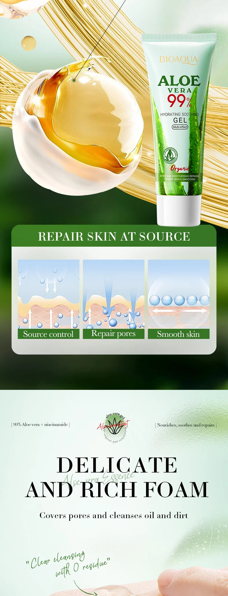 BIOAOUA Soothing Aloe Vera Gel For Face & Body Hydrating Moisturizing Repairing Sunburn Relief Acne Care For Sensitive Skin