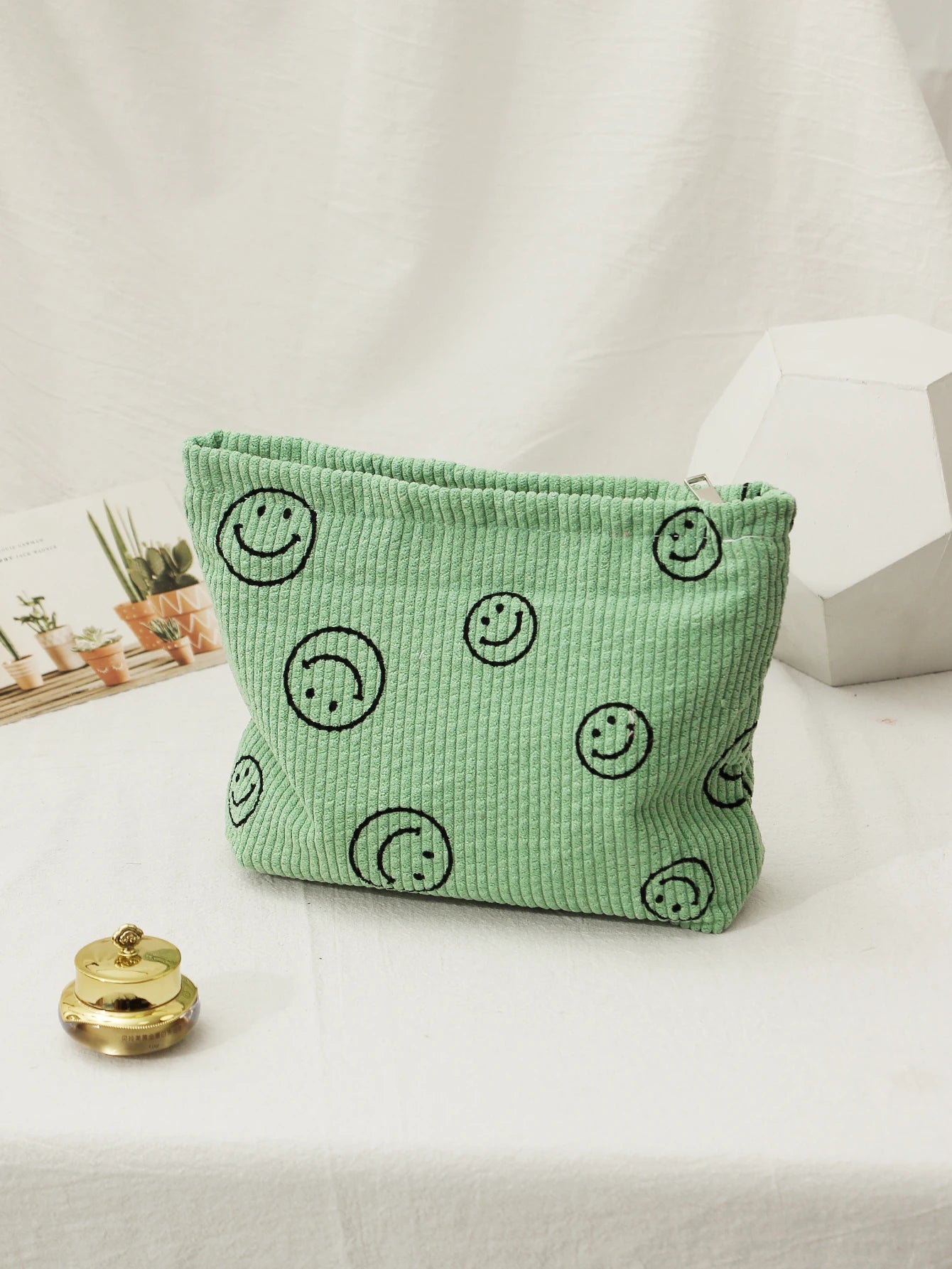 Makeup Bag For Women - Corduroy Cosmetic Bags Aesthetic Design Ladies Tote Bag, Cute Smiley Face Makeup Organizer with Zipper