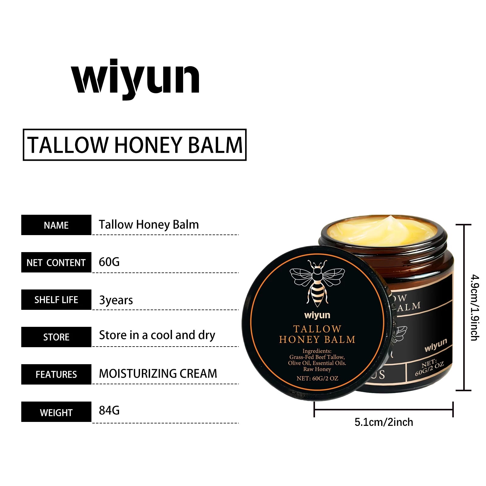 Beef Tallow Honey Moisturizer Grass Fed Whipped Tallow Face Cream Body Lotion Non Greasy Nourishing Fast Absorption Skin Care