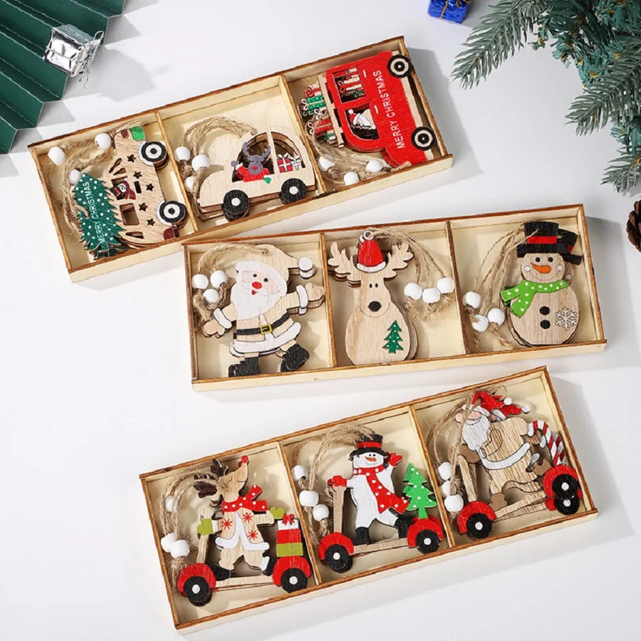 Christmas Wooden Pendants Xmas Tree Ornaments Santa Claus Elk Snowman Small Train Hanging Christmas Party Decor Party Supplies