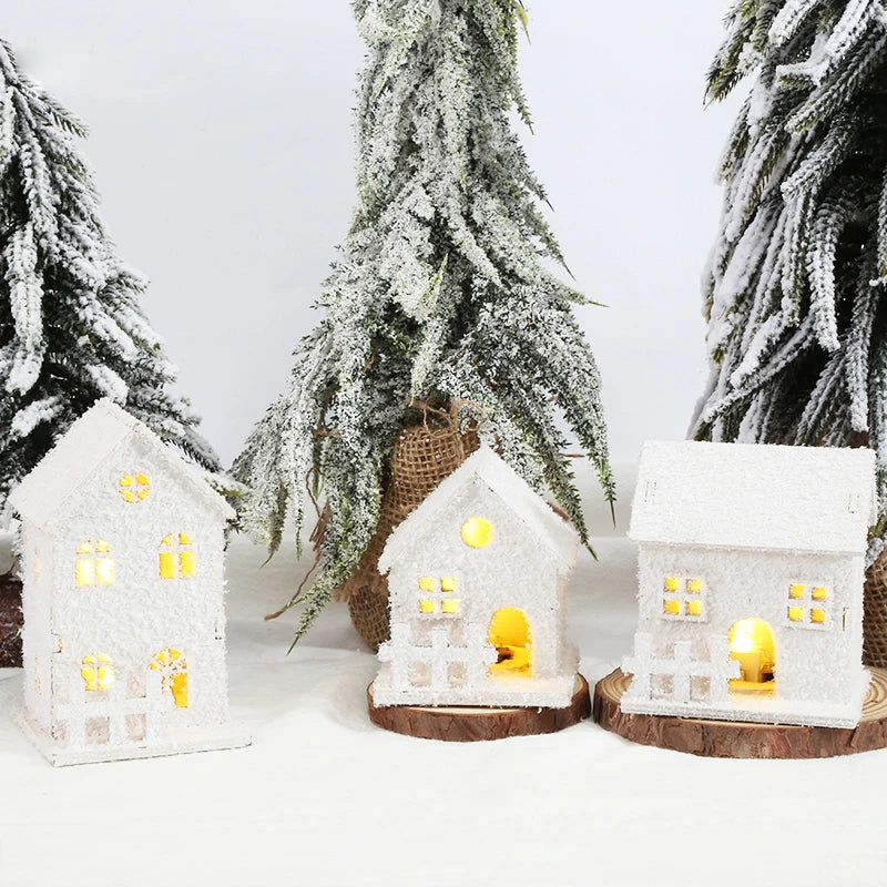 Xmas Ornament Christmas Led Light Wooden House with Snowflake Luminous Cabin Christmas Decorations