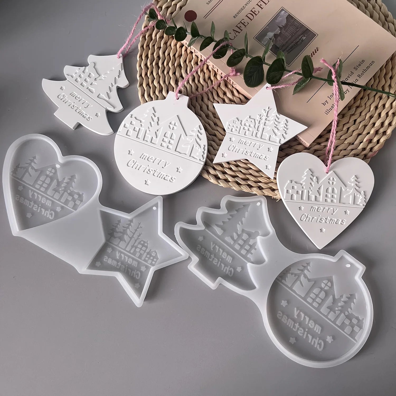 Christmas Heart Round Tree Star-Shaped Hanging Ornament Silicone Mold DIY Cement Plaster Clay Craft for Home Decor Gift,