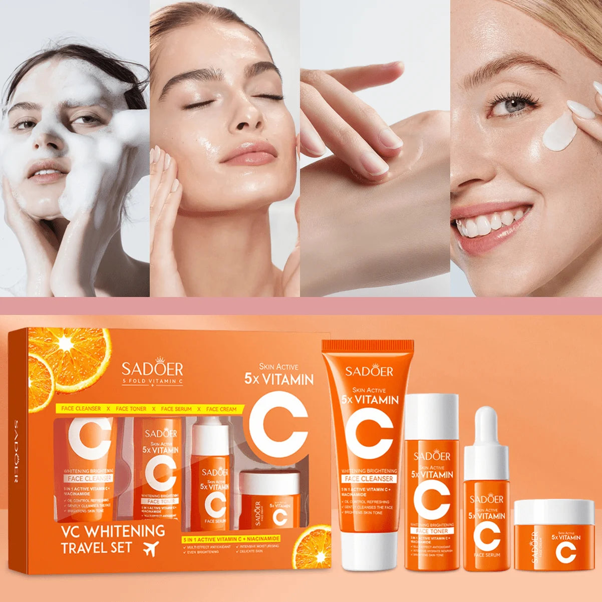 Vitamin C Skincare Travel Set with Moisturizer Toner Cleanser Night Cream Hypoallergenic Formula for Brightening Hydration