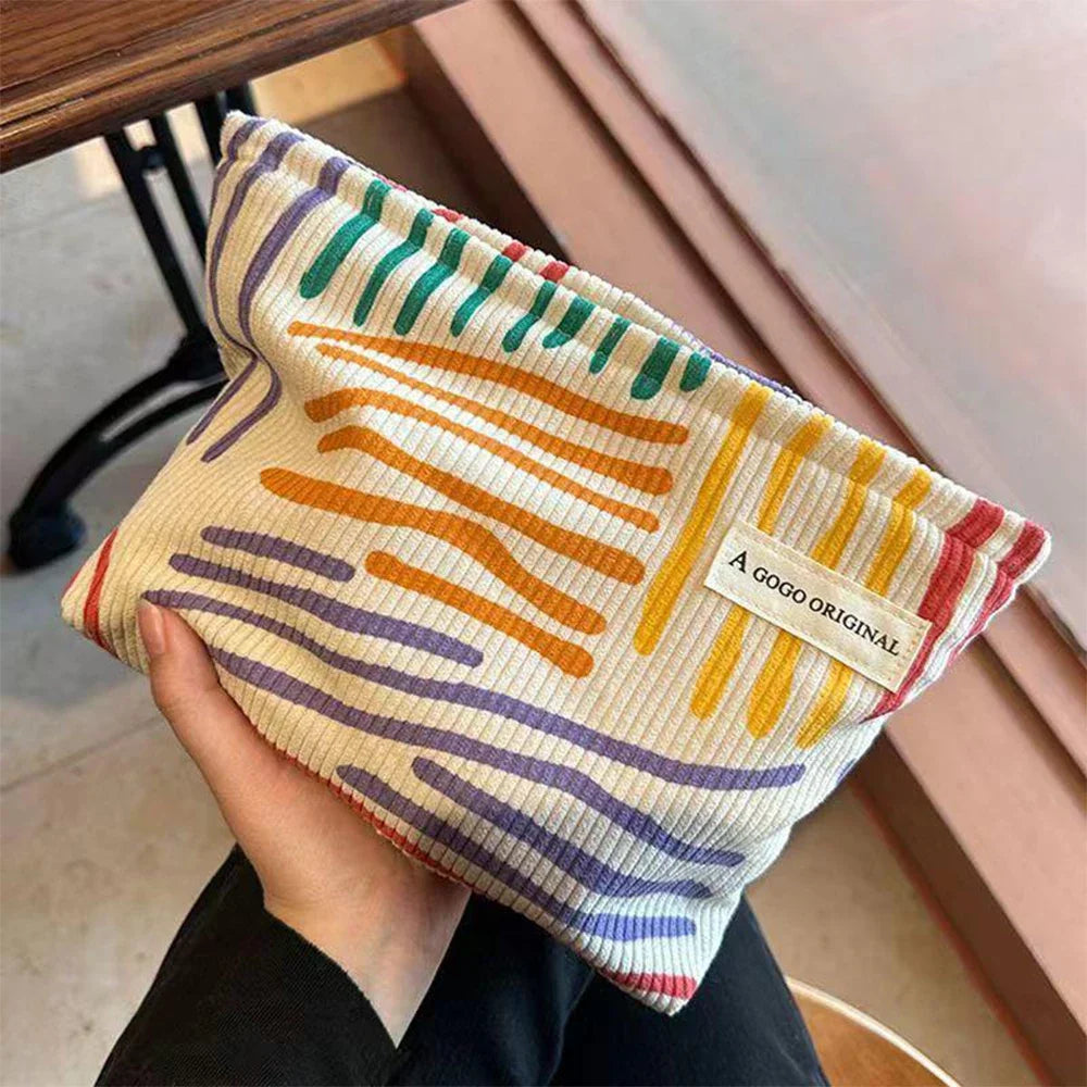 Colorful Stripes Corduroy Cosmetic Bag Portable Travel Toiletry Bag Skincare Sundries Aesthetic Makeup Storage Bag-zmt