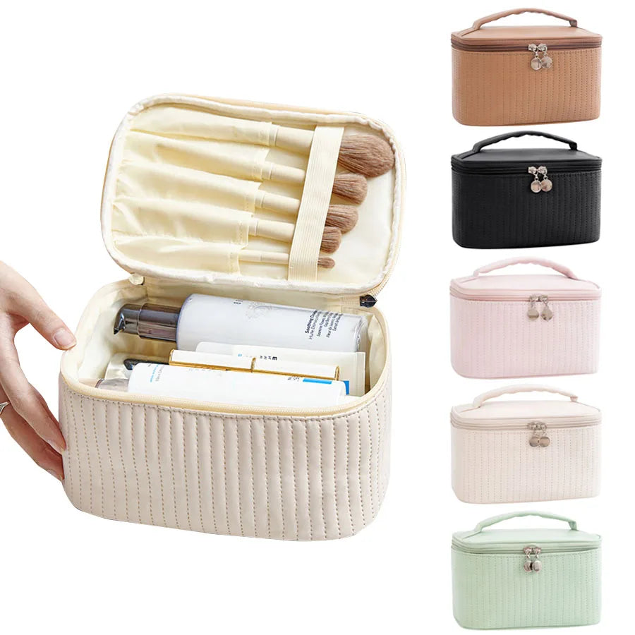 Makeup Bags for Women Travel Toiletry Cute Cases Bag Portable Solid Color Makeup Organizer Box Cosmetic Bag Neceser PU Leather