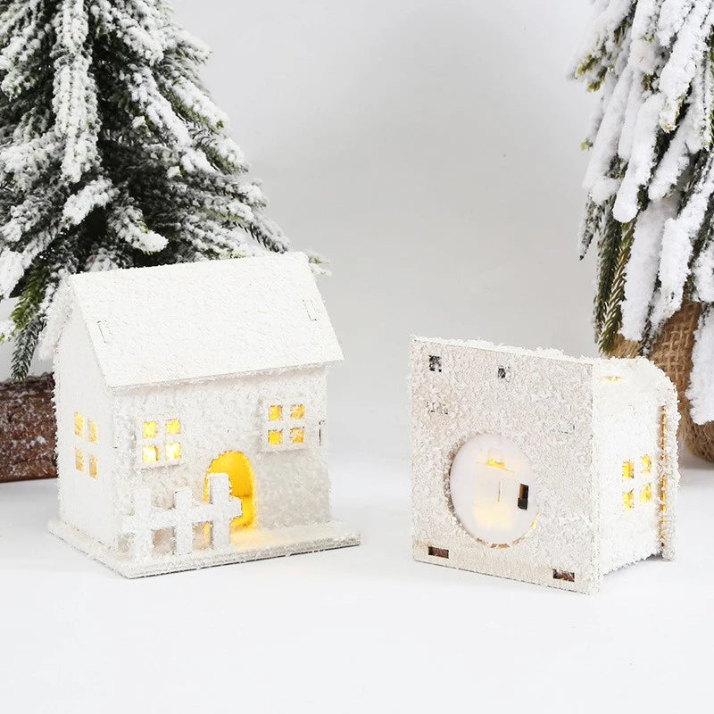 Xmas Ornament Christmas Led Light Wooden House with Snowflake Luminous Cabin Christmas Decorations