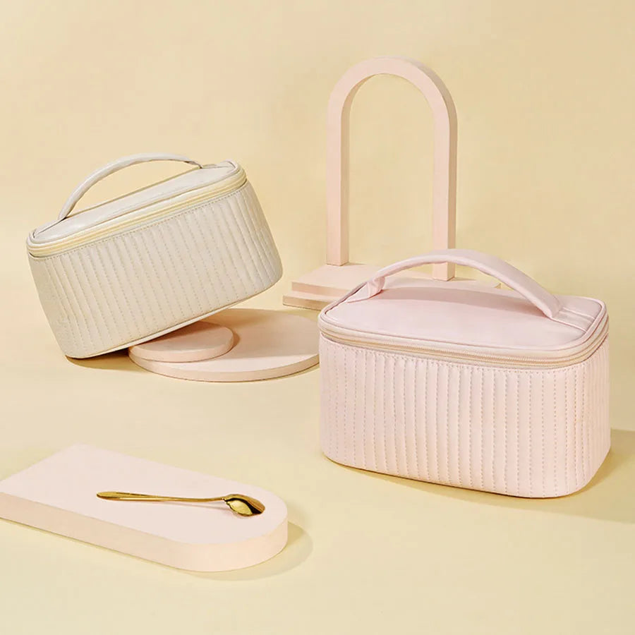 Makeup Bags for Women Travel Toiletry Cute Cases Bag Portable Solid Color Makeup Organizer Box Cosmetic Bag Neceser PU Leather