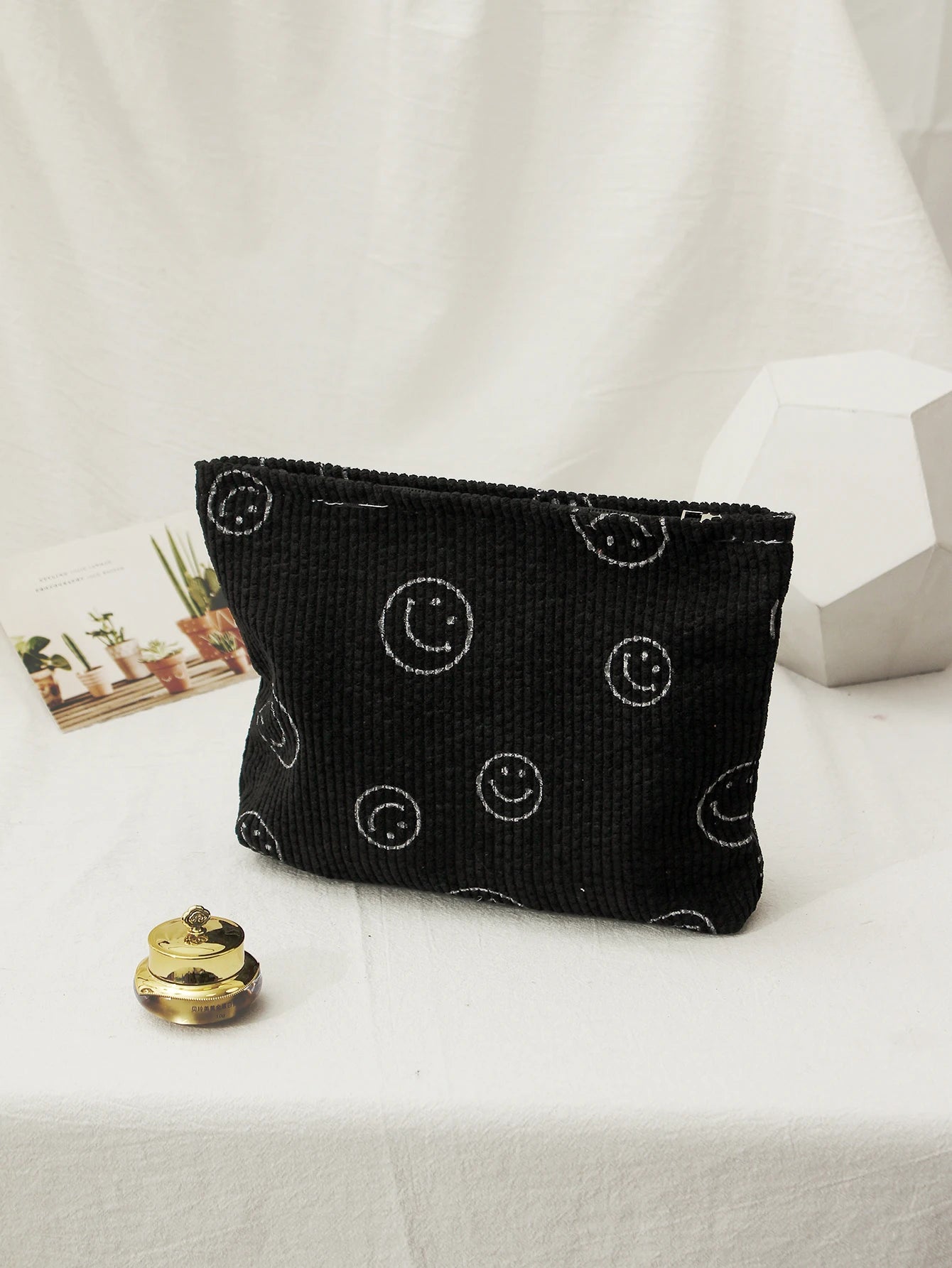 Makeup Bag For Women - Corduroy Cosmetic Bags Aesthetic Design Ladies Tote Bag, Cute Smiley Face Makeup Organizer with Zipper