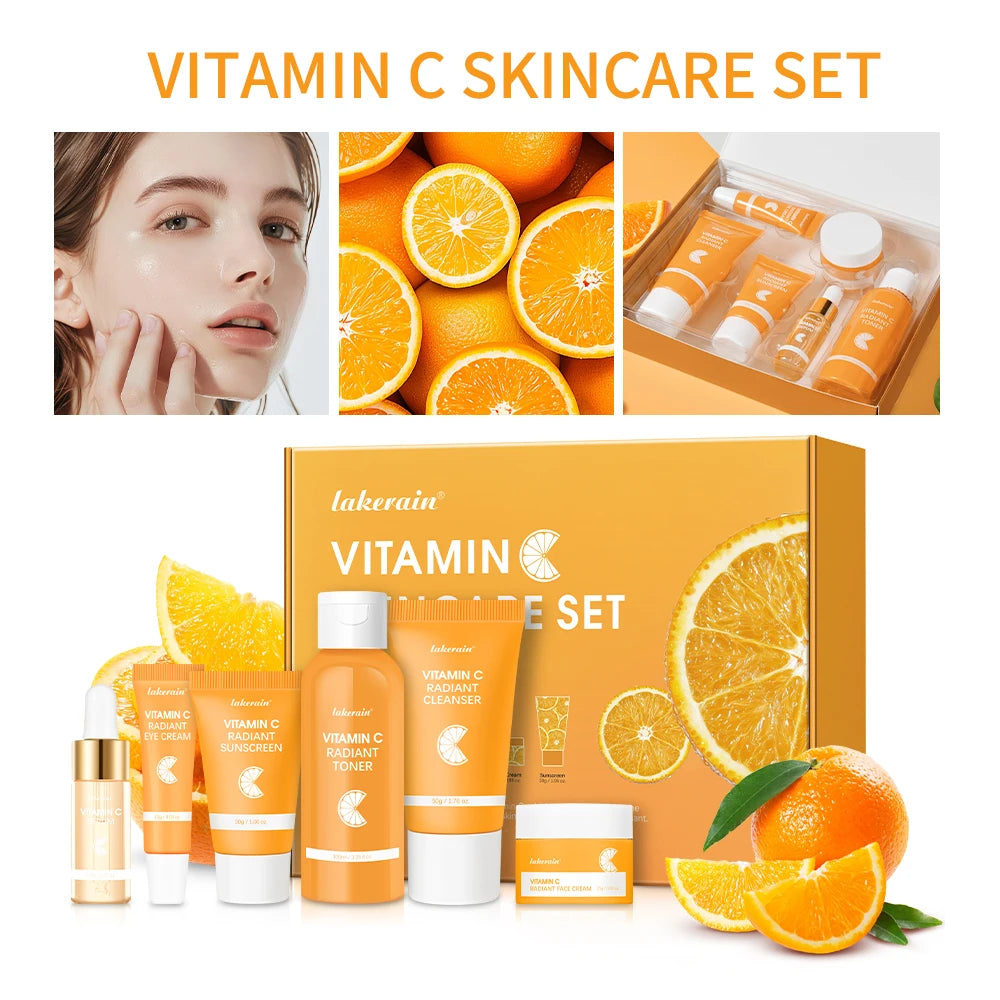 Vitamin C Skincare Set, 6-piece Set, Including Toner, Serum, Eye Cream, Face Cream, Sunscreen, Cleanser, Deep Moisturizing Skin