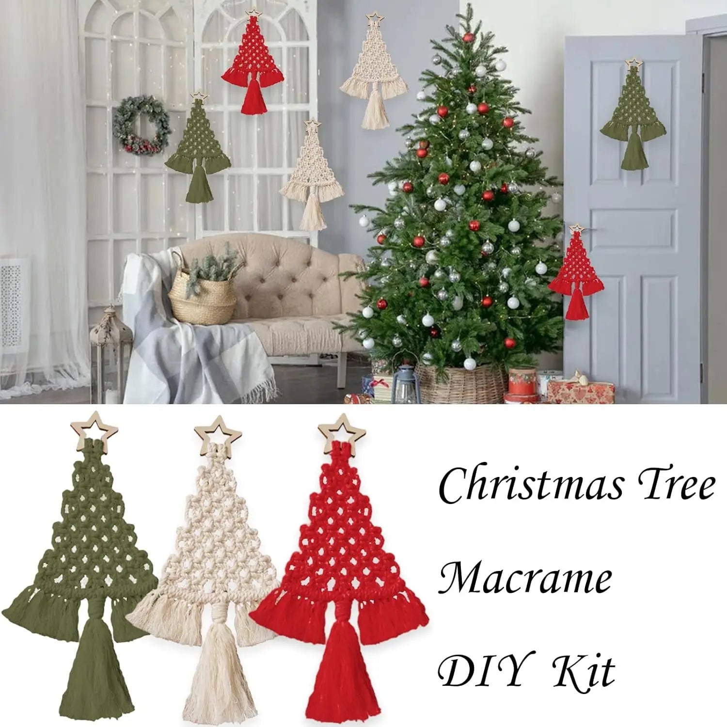 Christmas Tree DIY Woven Kit Macrame Christmas Boho Woven Wall Tree Decor Hanging Ornaments Art Crafts Party Xmas Craft Gift Kit