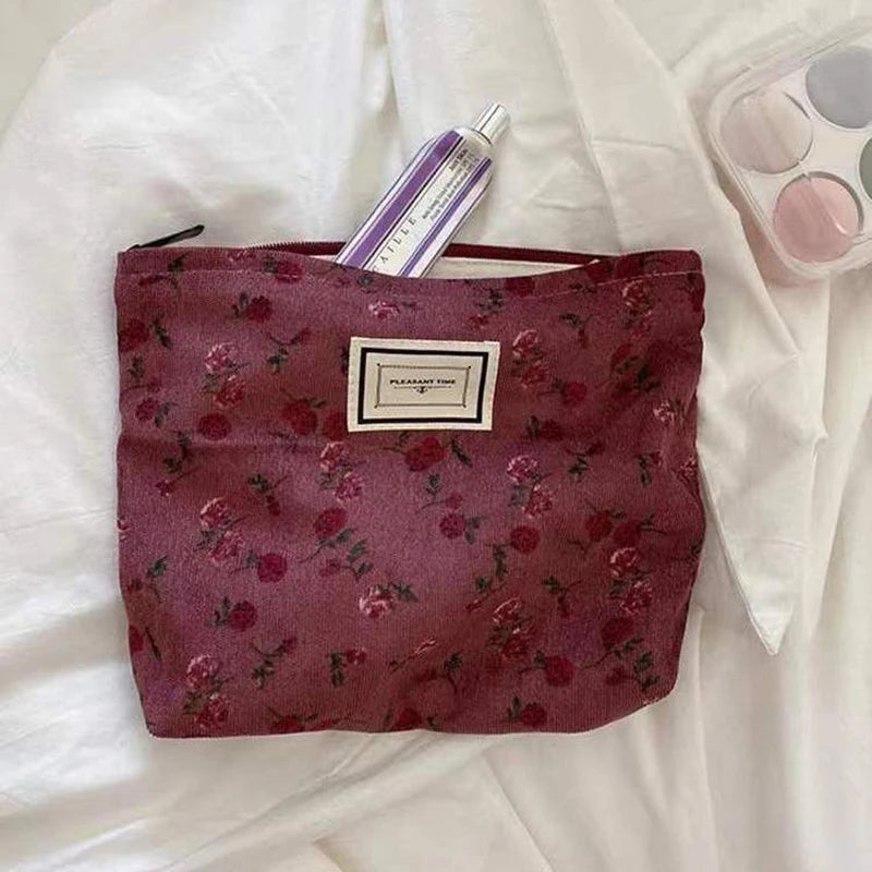 Corduroy Flower Cosmetic Bag Clutch Bag Large Makeup Organizer Bags Korean Cosmetic Pouch Women Cute Toiletry Beauty Case