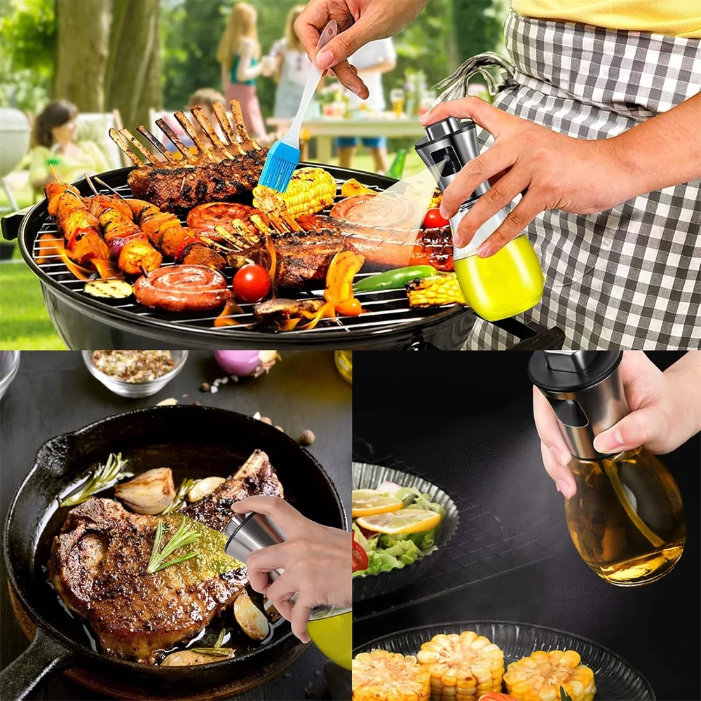 Oil Sprayer, Extremely Precise Oil Spray Bottle with funnel,Made of Stainless Steel and Glass, 200ML Oil Sprayer for Cooking