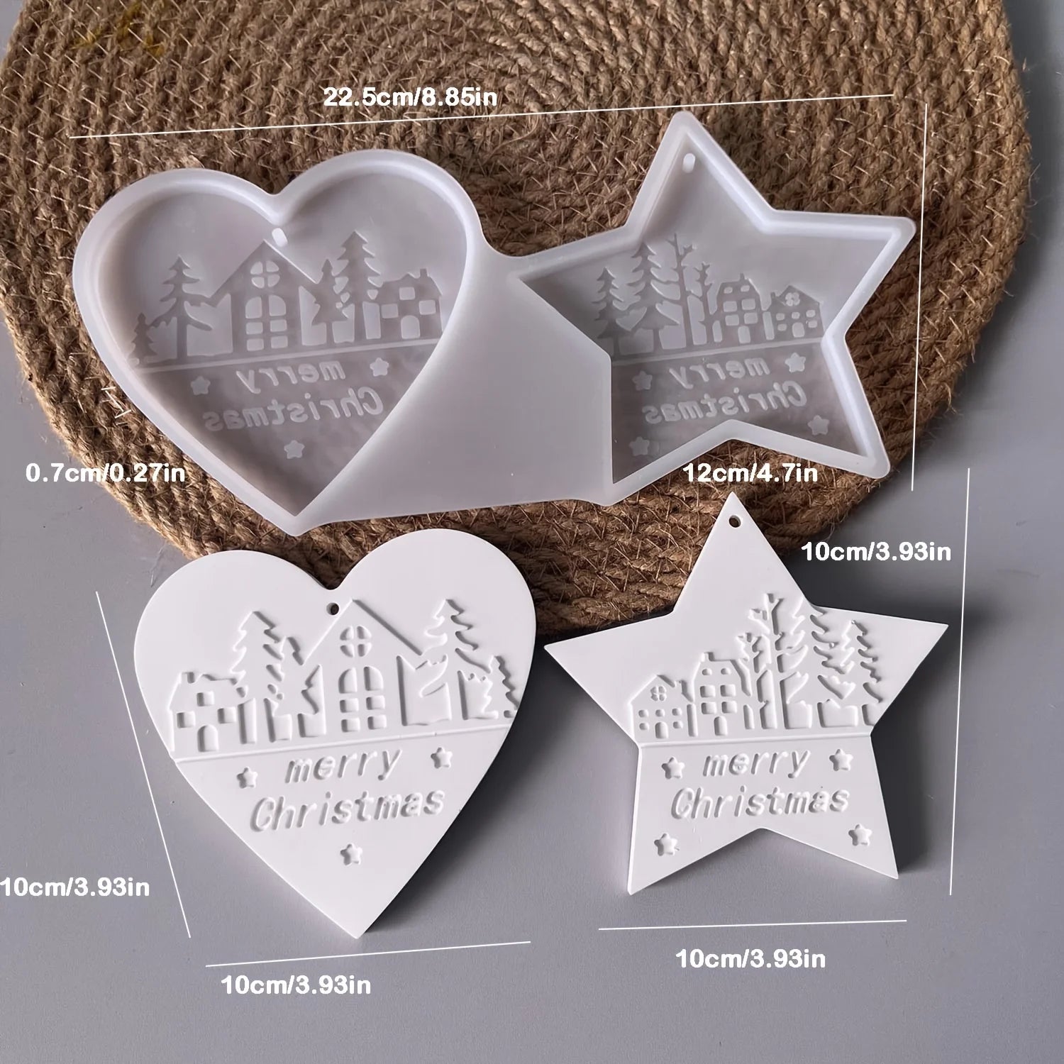 Christmas Heart Round Tree Star-Shaped Hanging Ornament Silicone Mold DIY Cement Plaster Clay Craft for Home Decor Gift,