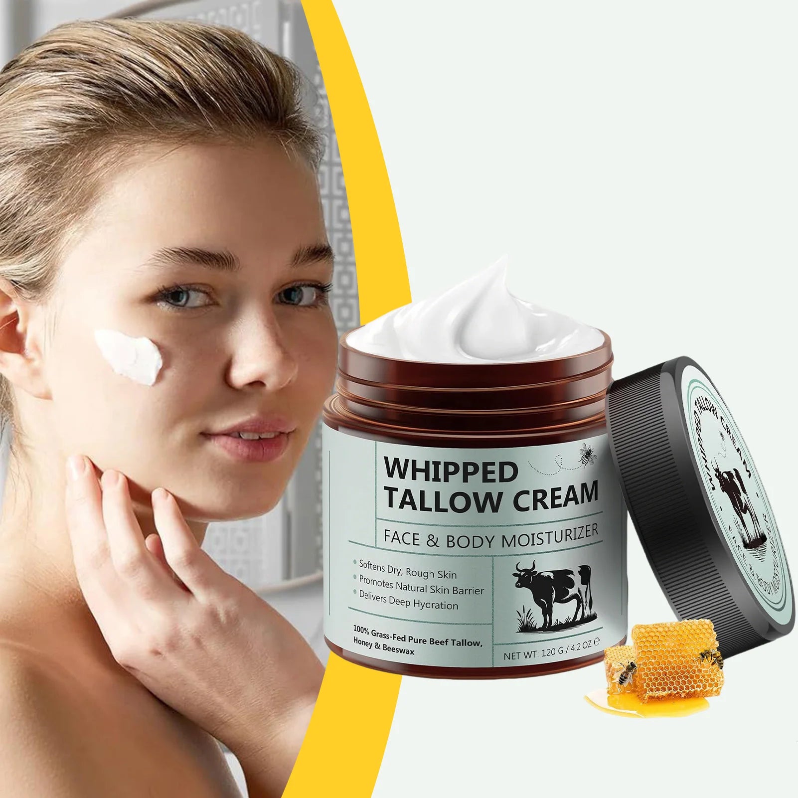 Tallow Face Cream Moisturizer Organic-Grass Fed Whipped Beef Tallow with Honey Beeswax Nourishing Moisturizing for Face Body