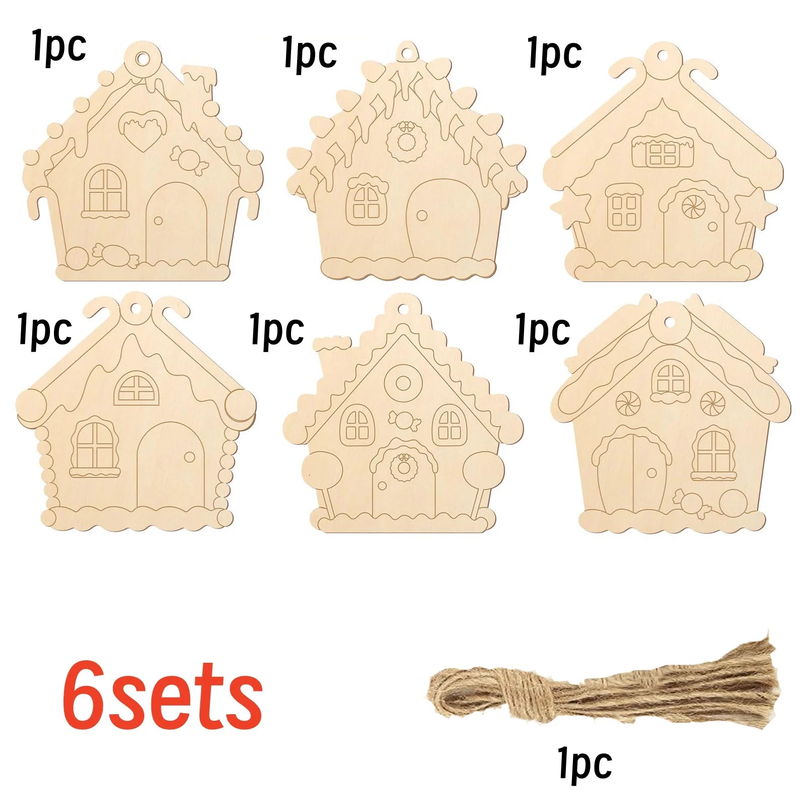 6Sets Wooden Christmas Ornaments Unfinished Wood Crafts Painting DIY Paintable Christmas Cutouts Slices for Craft with Ropes