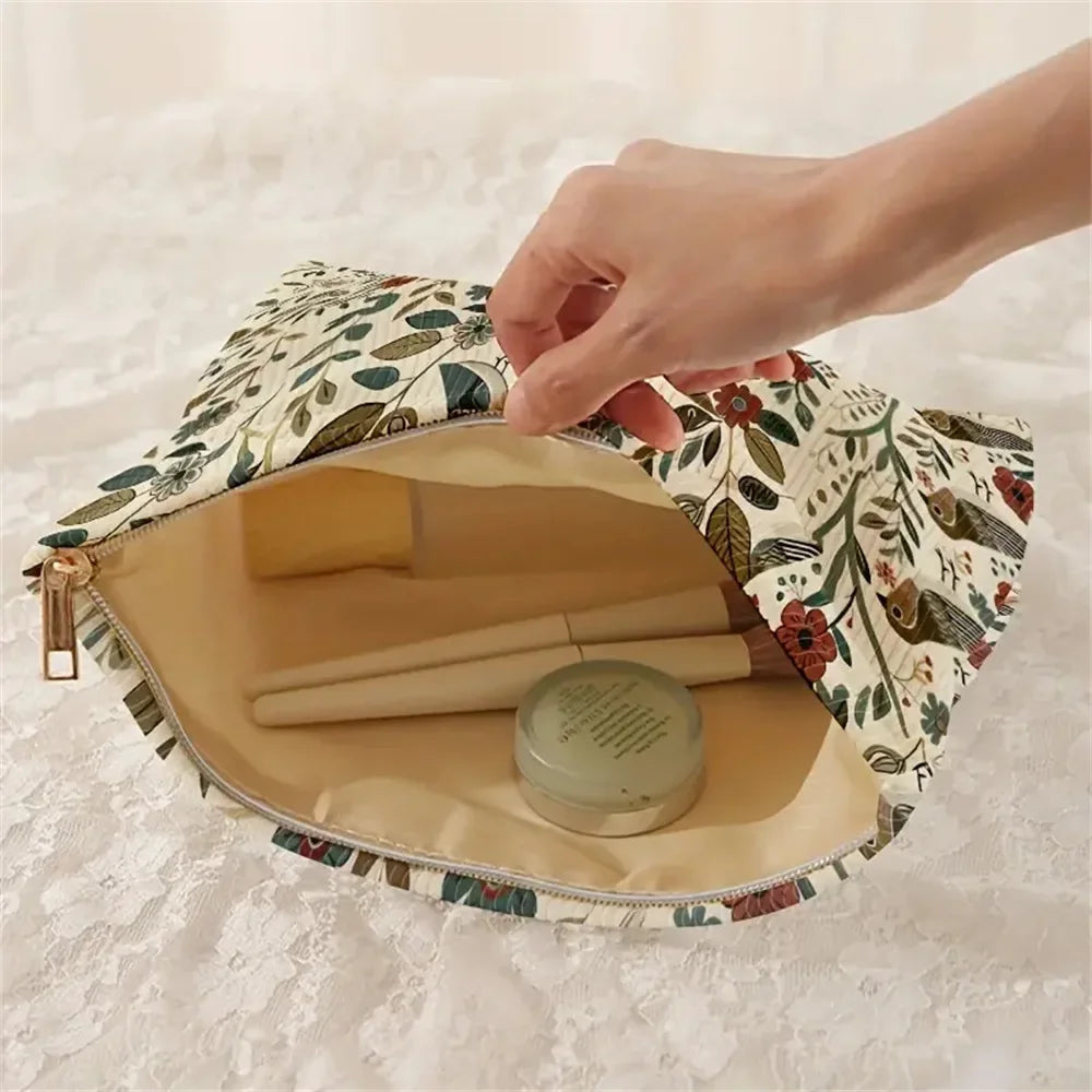 1pc Cosmetic Bags Branch Bird Pattern Women's Makeup Bag Corduroy Cosmetic Storage Bag Portable Commuting Travel Toiletry Bag