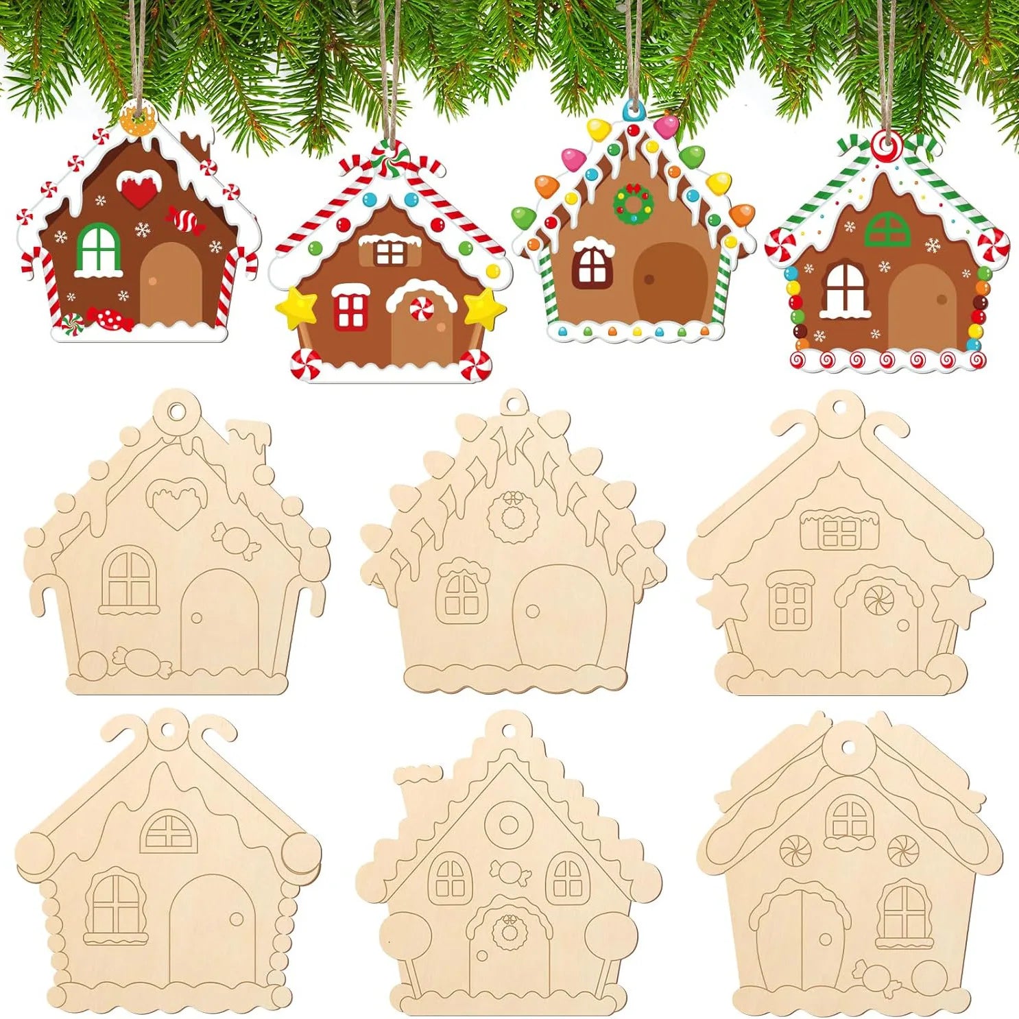 6Sets Wooden Christmas Ornaments Unfinished Wood Crafts Painting DIY Paintable Christmas Cutouts Slices for Craft with Ropes