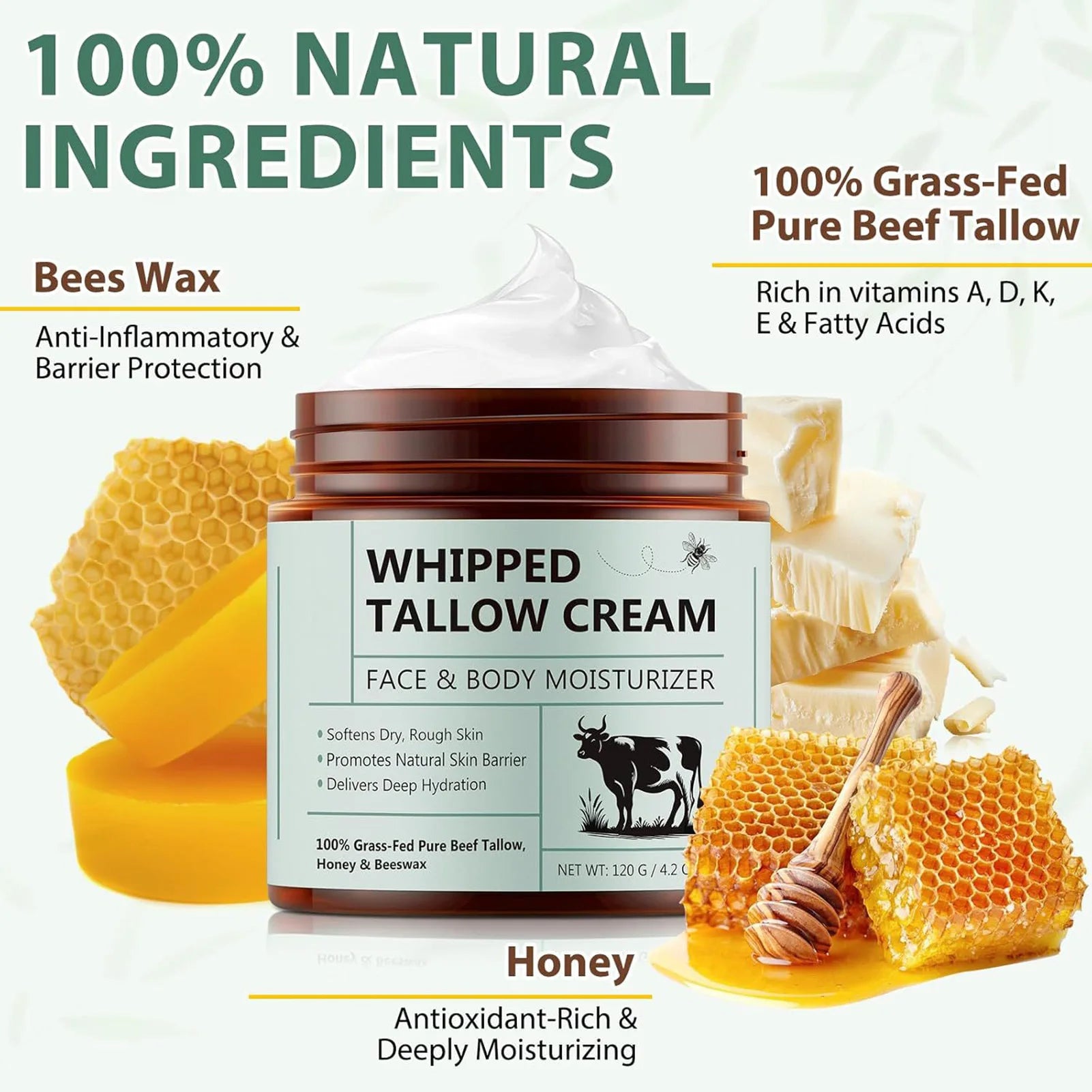 Tallow Face Cream Moisturizer Organic-Grass Fed Whipped Beef Tallow with Honey Beeswax Nourishing Moisturizing for Face Body
