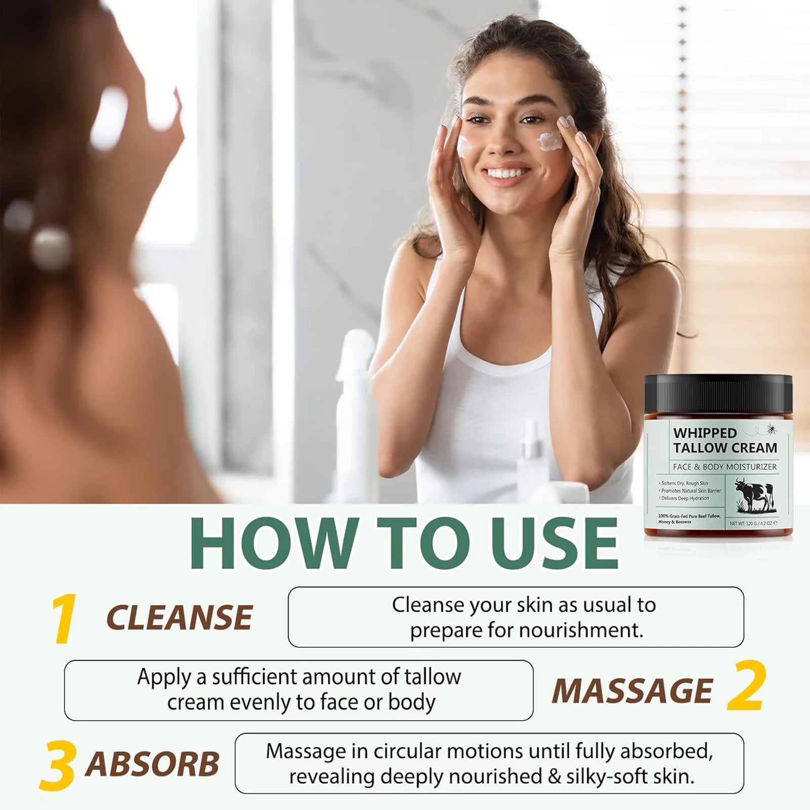 Tallow Face Cream Moisturizer Organic-Grass Fed Whipped Beef Tallow with Honey Beeswax Nourishing Moisturizing for Face Body