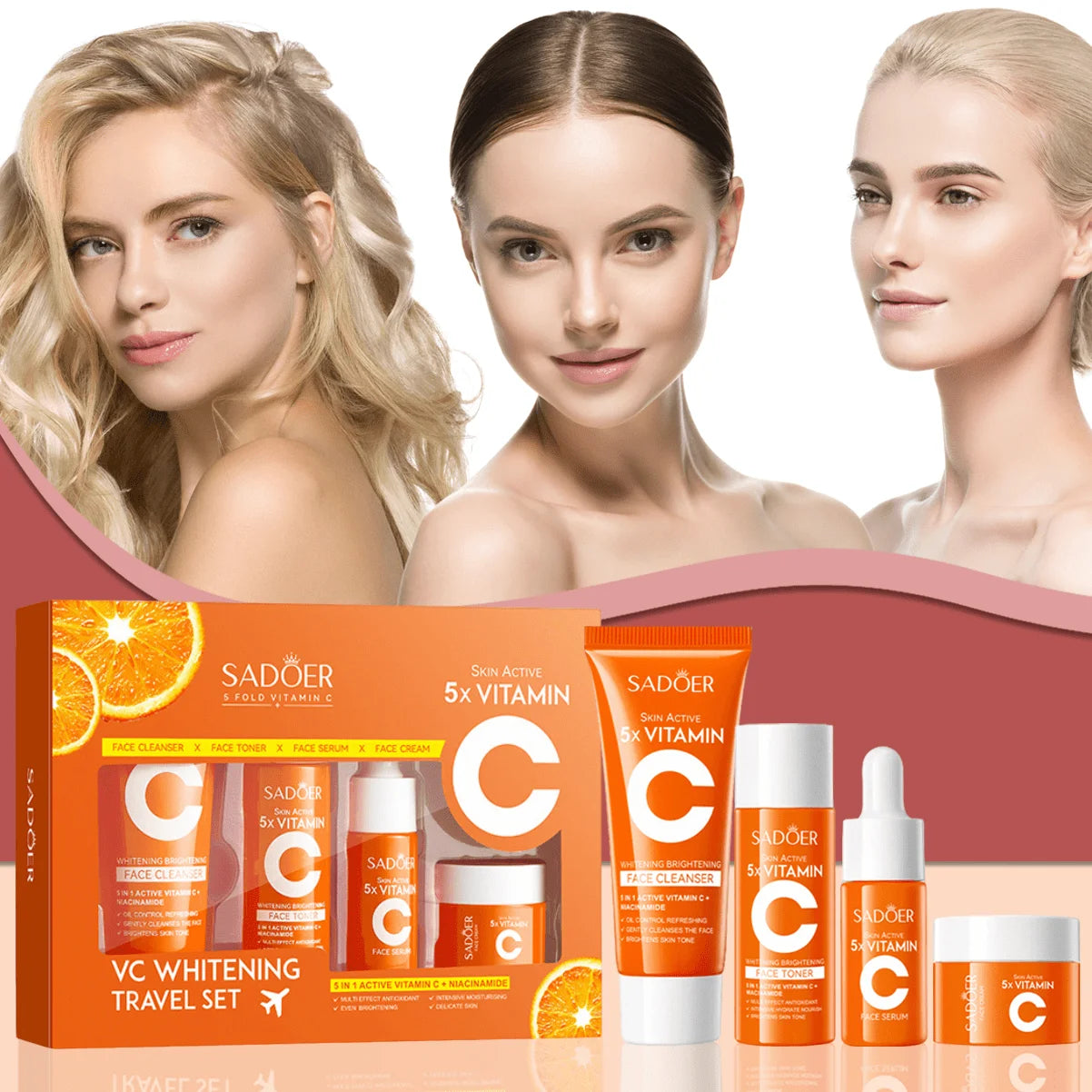 Vitamin C Skincare Travel Set with Moisturizer Toner Cleanser Night Cream Hypoallergenic Formula for Brightening Hydration