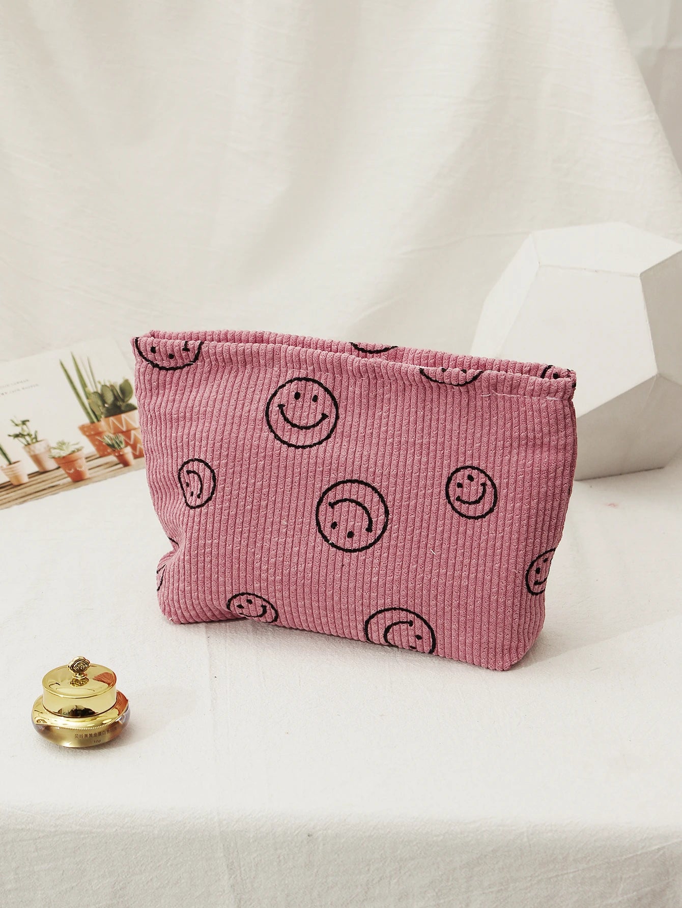 Makeup Bag For Women - Corduroy Cosmetic Bags Aesthetic Design Ladies Tote Bag, Cute Smiley Face Makeup Organizer with Zipper