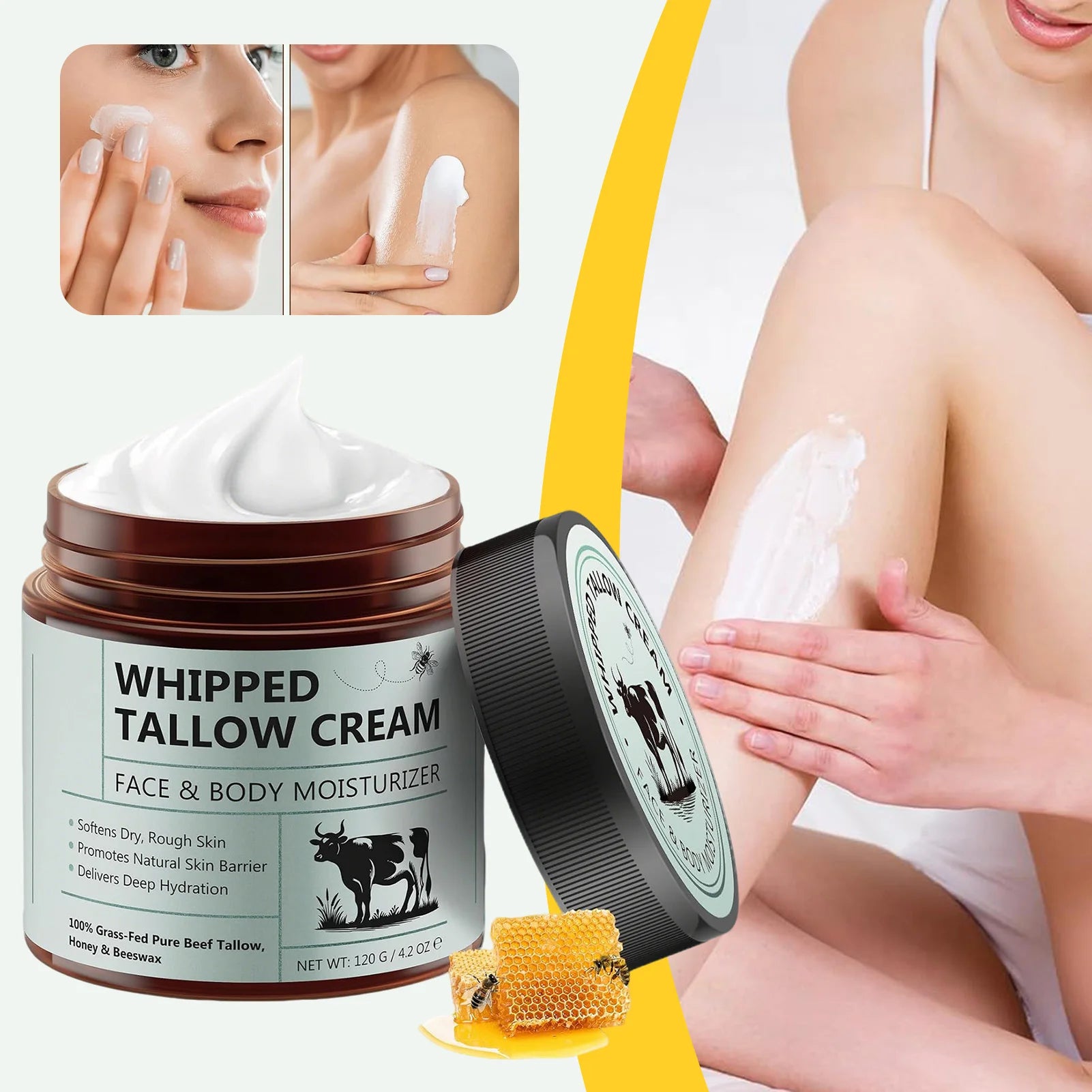 Tallow Face Cream Moisturizer Organic-Grass Fed Whipped Beef Tallow with Honey Beeswax Nourishing Moisturizing for Face Body