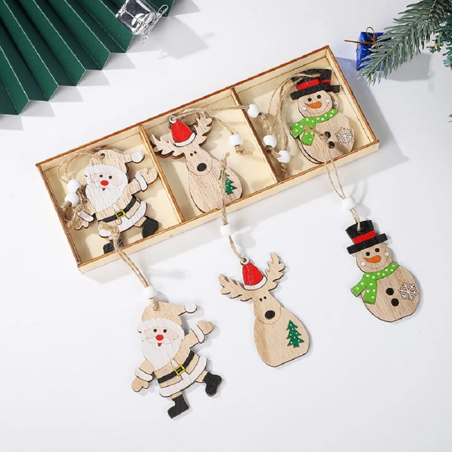 Christmas Wooden Pendants Xmas Tree Ornaments Santa Claus Elk Snowman Small Train Hanging Christmas Party Decor Party Supplies
