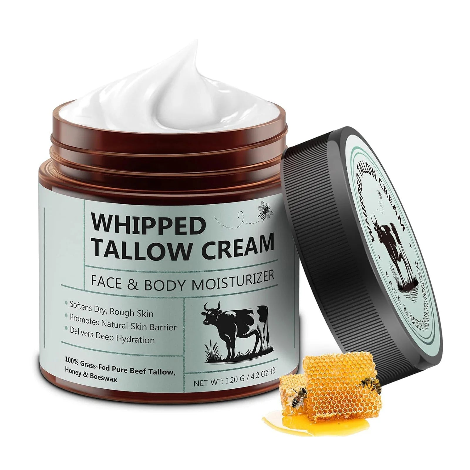 Tallow Face Cream Moisturizer Organic-Grass Fed Whipped Beef Tallow with Honey Beeswax Nourishing Moisturizing for Face Body