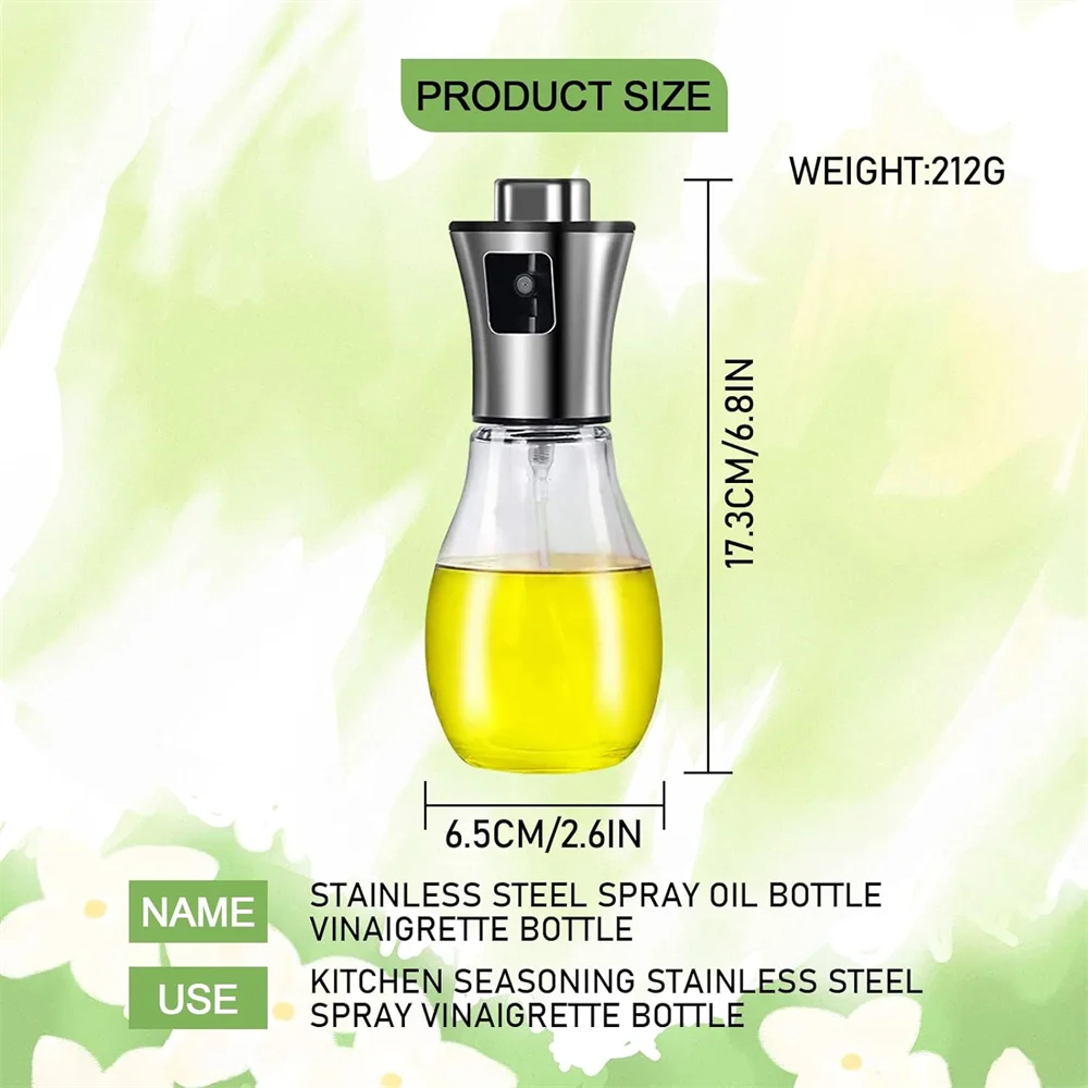 Oil Sprayer, Extremely Precise Oil Spray Bottle with funnel,Made of Stainless Steel and Glass, 200ML Oil Sprayer for Cooking