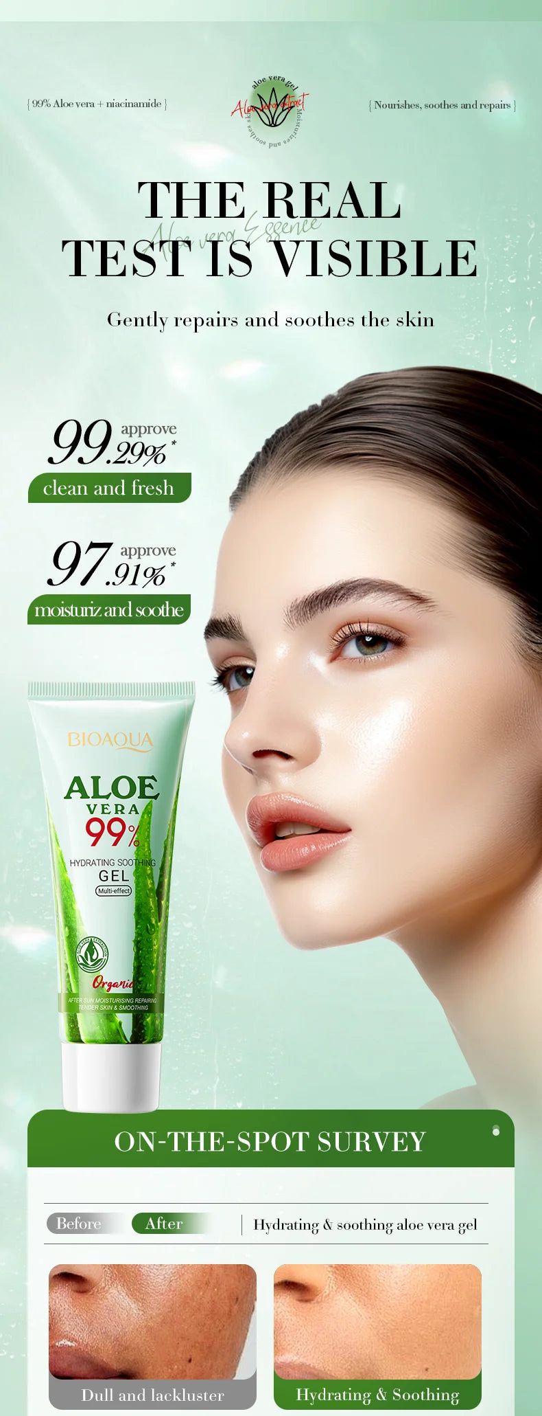 BIOAOUA Soothing Aloe Vera Gel For Face & Body Hydrating Moisturizing Repairing Sunburn Relief Acne Care For Sensitive Skin