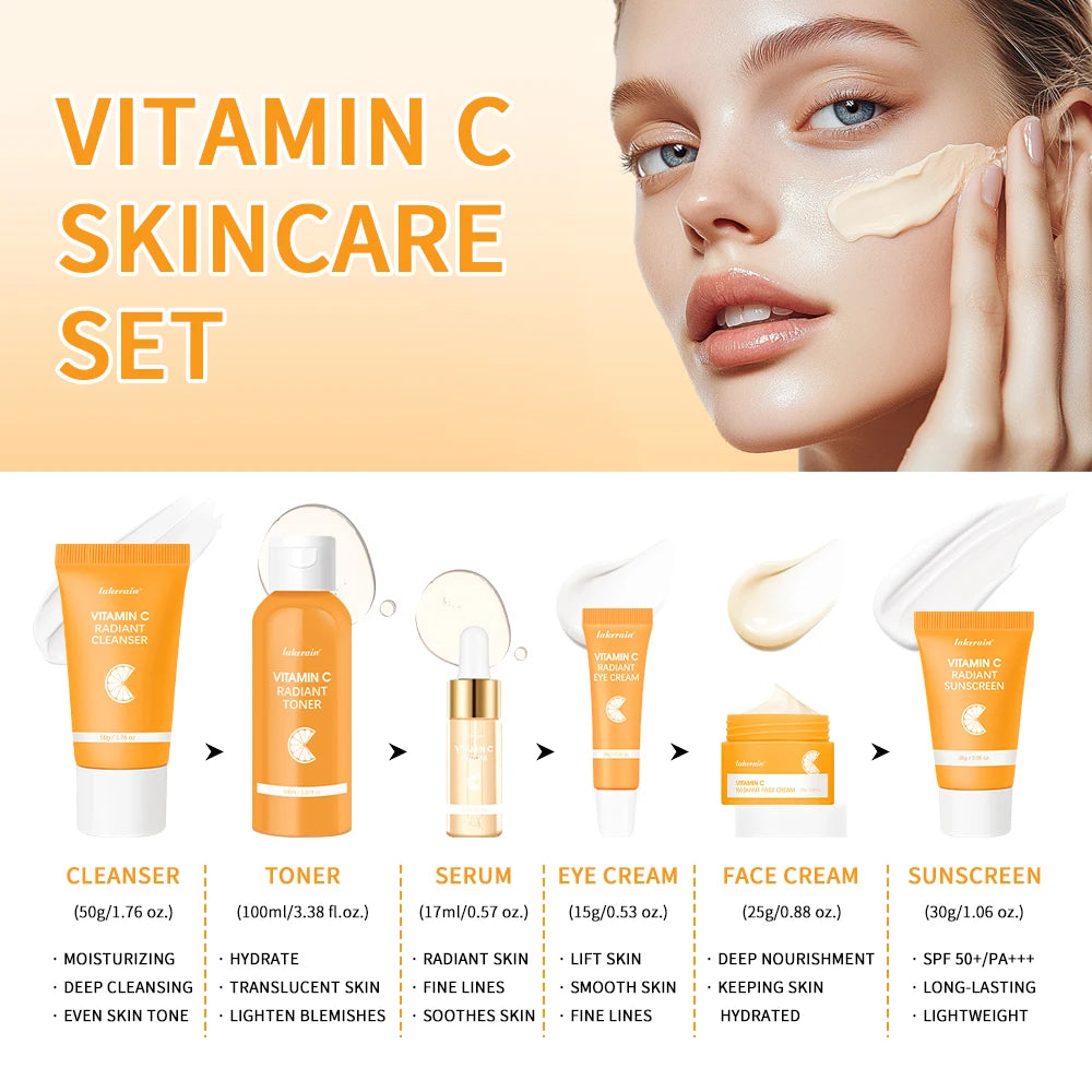 Vitamin C Skincare Set, 6-piece Set, Including Toner, Serum, Eye Cream, Face Cream, Sunscreen, Cleanser, Deep Moisturizing Skin